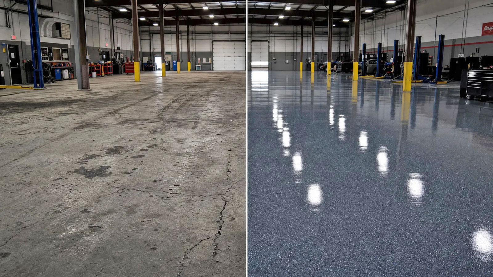 Commercial floor coating before and after — auto shop in Winter Haven FL