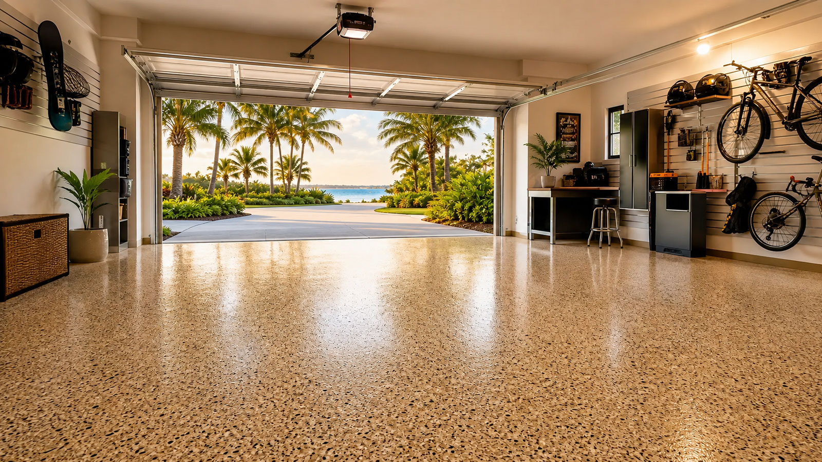 Residential garage with decorative flake floor coating